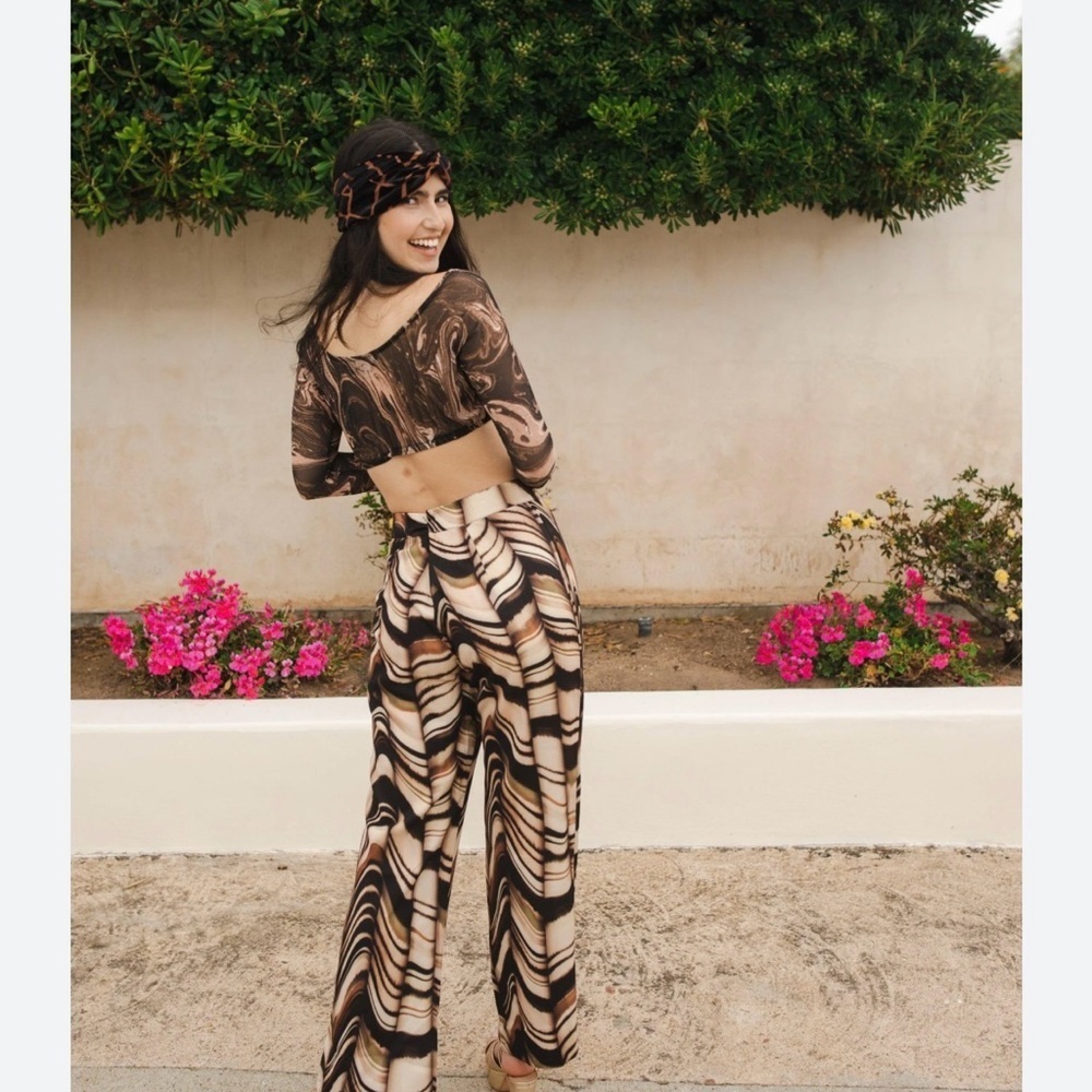 Zara black brown cream printed flared trouser pants Sz XS NWT - Picture 3 of 17